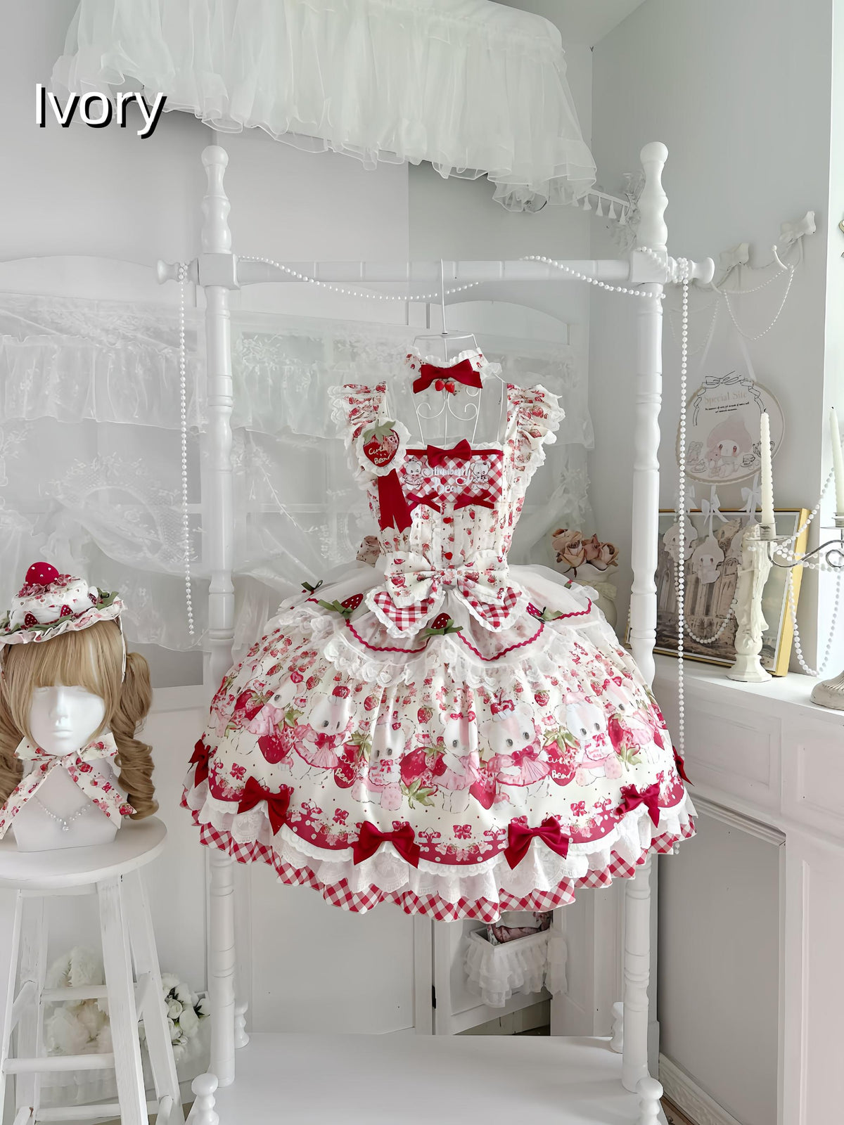 Berry Bear Whisper - Sweet Lolita JSK Set, Strawberry Bear Themed Print (2XL 3XL 4XL L M S XL XS) 45904:867672