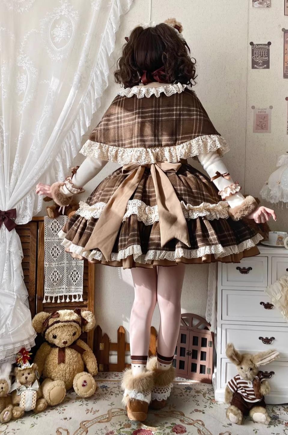 Choco Chestnut - Plaid Kawaii Lolita JSK Dress, Peter Pan Collar Cape 44501:810620
