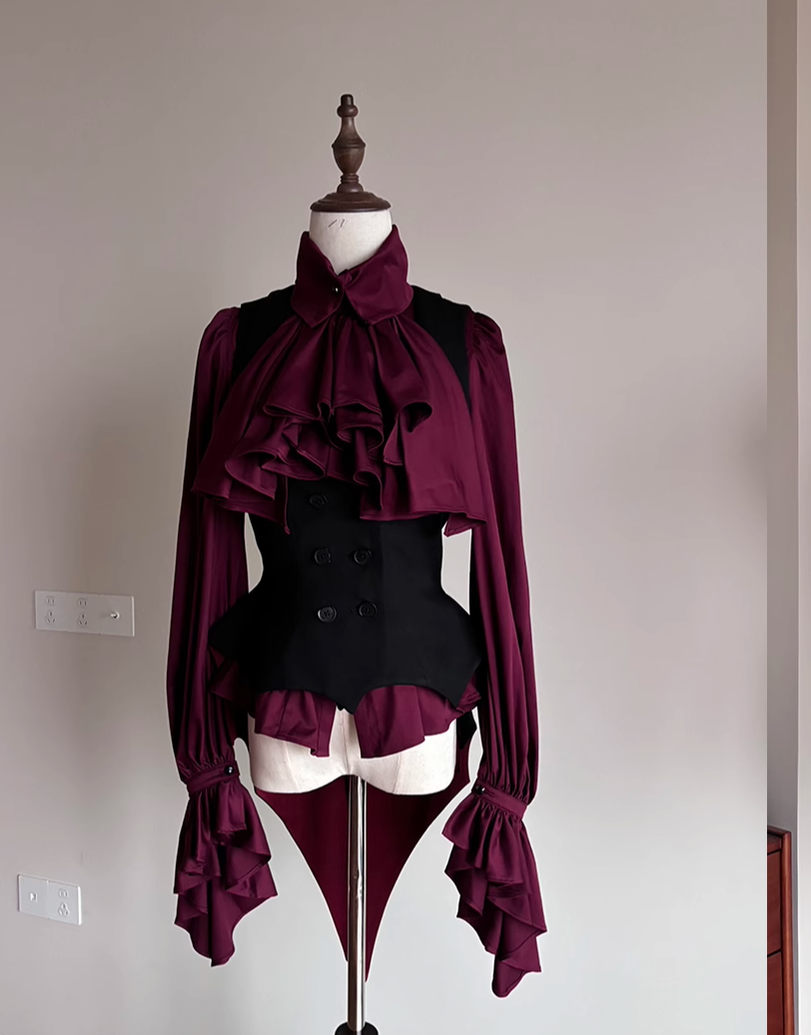 (BFM)FlowerFairyDaily~The Aria Of Night~Gothic Lolita BlouseLong Sleeve Ruffles Shirt XS Dark red 