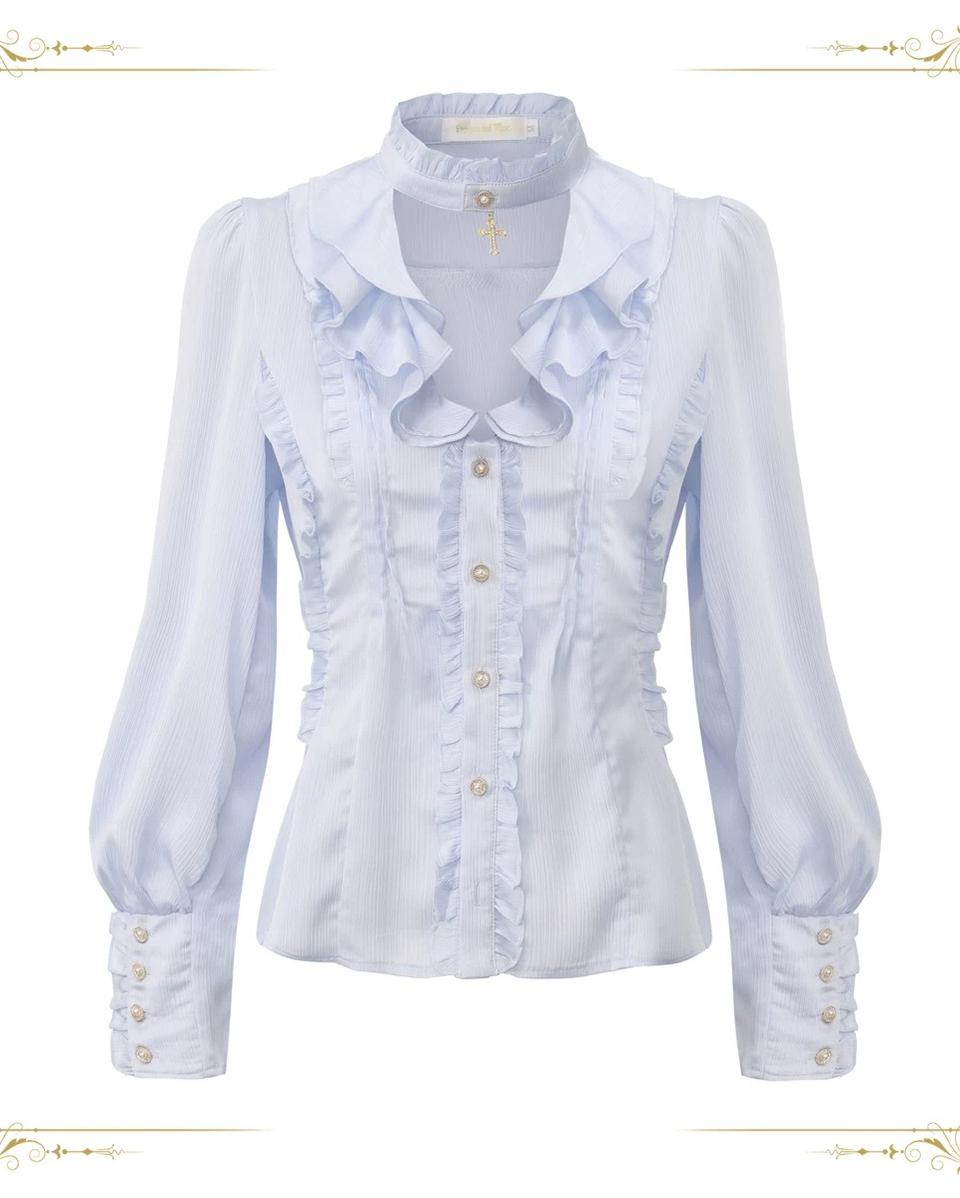 Eternal Rabbit Invitation - Ouji Lolita Vintage Long Sleeve Blouse, Ruffles V-Neck Light Blue S