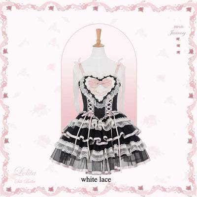 Flower and Pearl Box~Silk Ballet~Wedding Lolita JSK Dress Princess Bridal Dress XS Short JSK (Black Pink) (White Lace) 