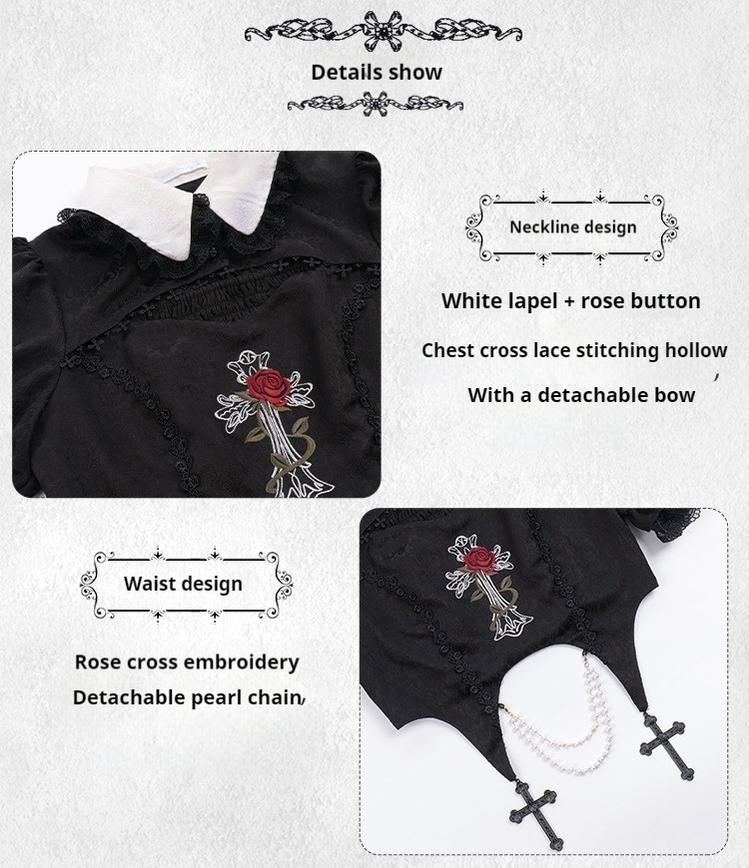 With PUJI~Evil Flower~Gothic Lolita Skirt Set Rose Embroidered Hollow Out Blouse 39596:631220