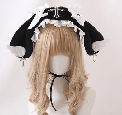 Xiaogui~Kawaii Lolita Hairband Plush Wings Headdress Black-white  