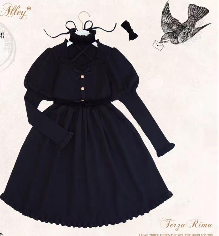 (BFM)WhitalAlley~Three Lines of Love Letters~Elegant Lolita Knitted Top and Skirt Set S black dress 