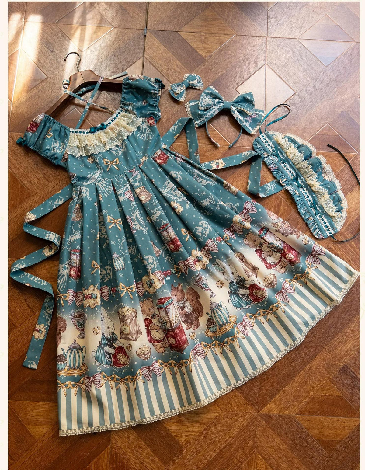 Popcorn Bear - Sweet Lolita OP Dress Set, Bear Tea Party Print 45994:871426