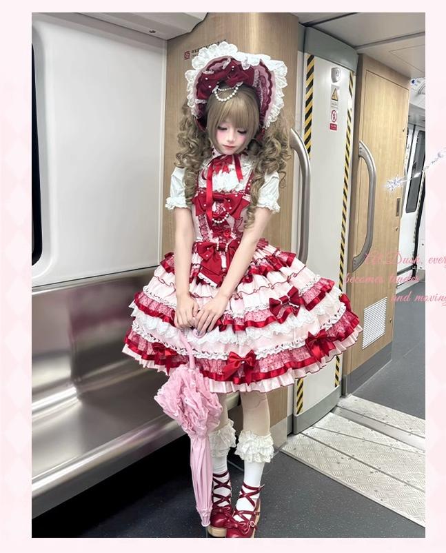 Sakurahime~Ribbon Strawberry~Sweet Lolita JSK and BNT with Old School Lolita Style 42537:744394