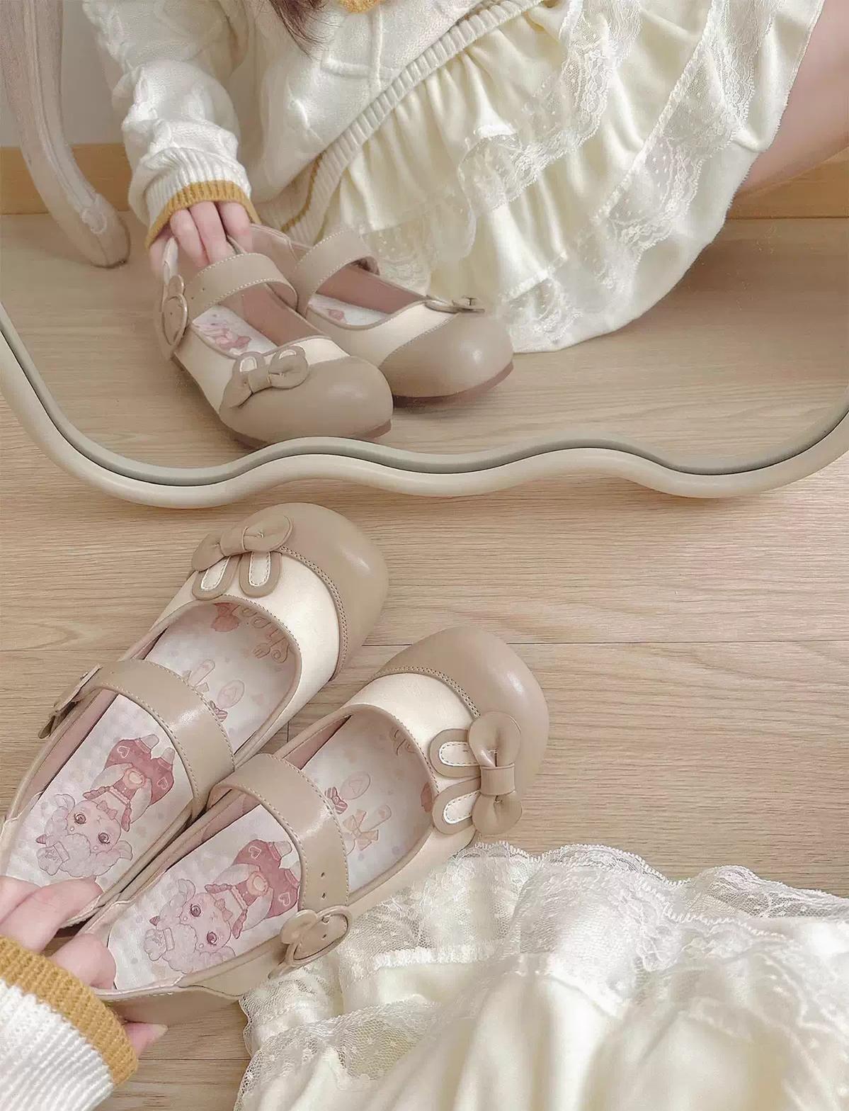 Bunny Milk Candy - Kawaii Lolita Flat Shoes, 3D Bunny Ear Bow