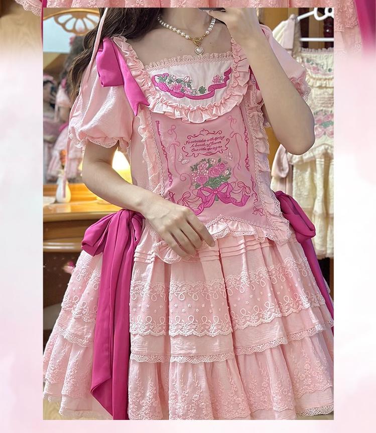 Mewroco~Flower Letter~Sweet Lolita OP Dress Doll Sense Embroidered Dress S Pink embroidery version OP 