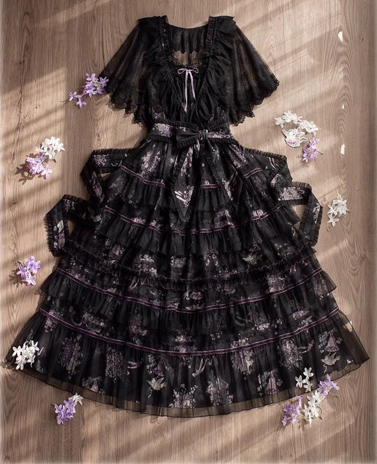 Avenue Denfer~Floral Veil~Elegant Lolita JSK Suit Floral Print Dress and Tulle Shawl 42393:738789