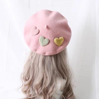 Xiaogui~Sweet Lolita Beret Loving Heart Wool Hat Multicolor M (56-58 cm) pink (with 3pcs loving heart) beret 
