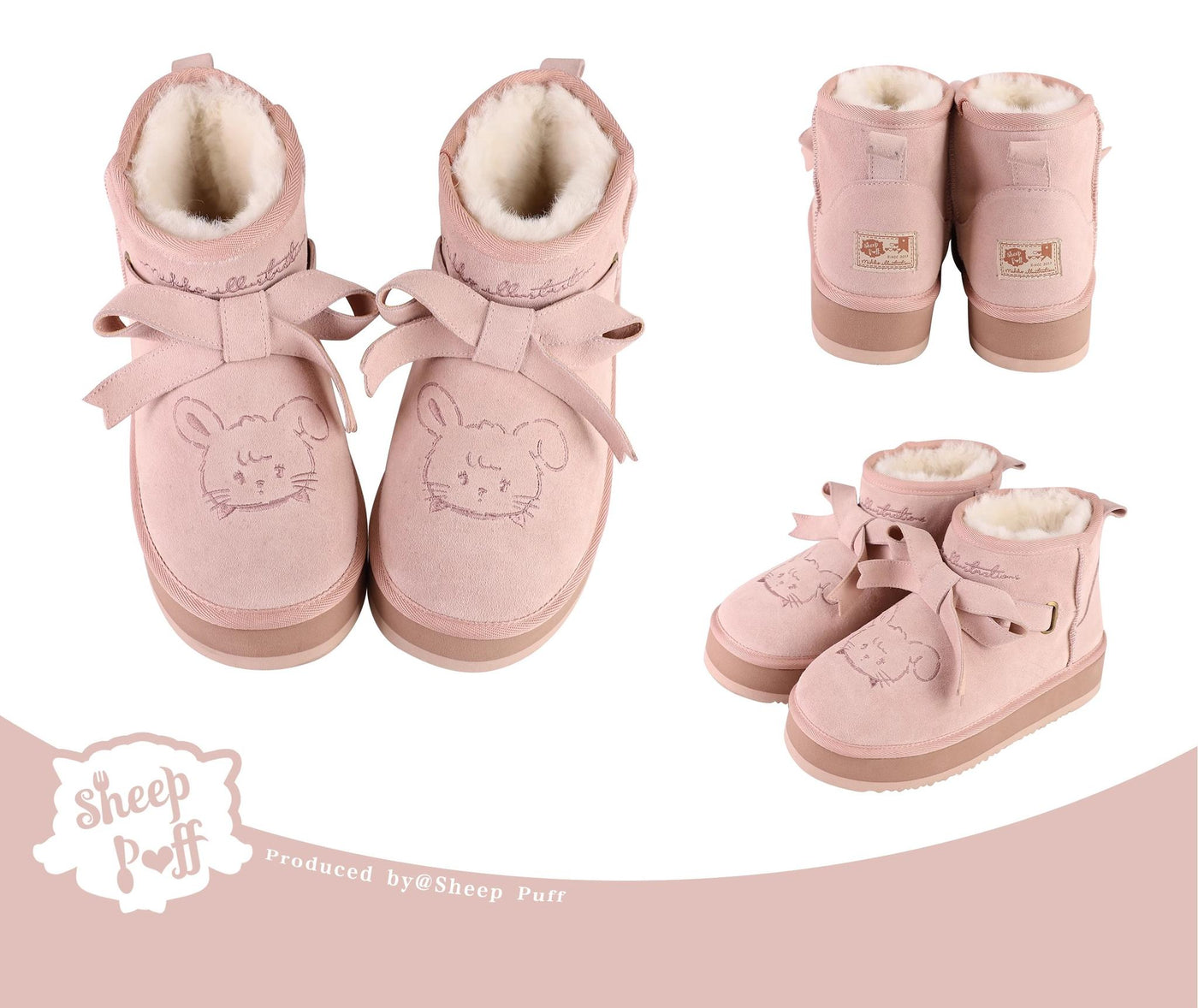 Sheep Puff~Winter Lolita Shoes Warm Fleece Snow Boots Pink 34 
