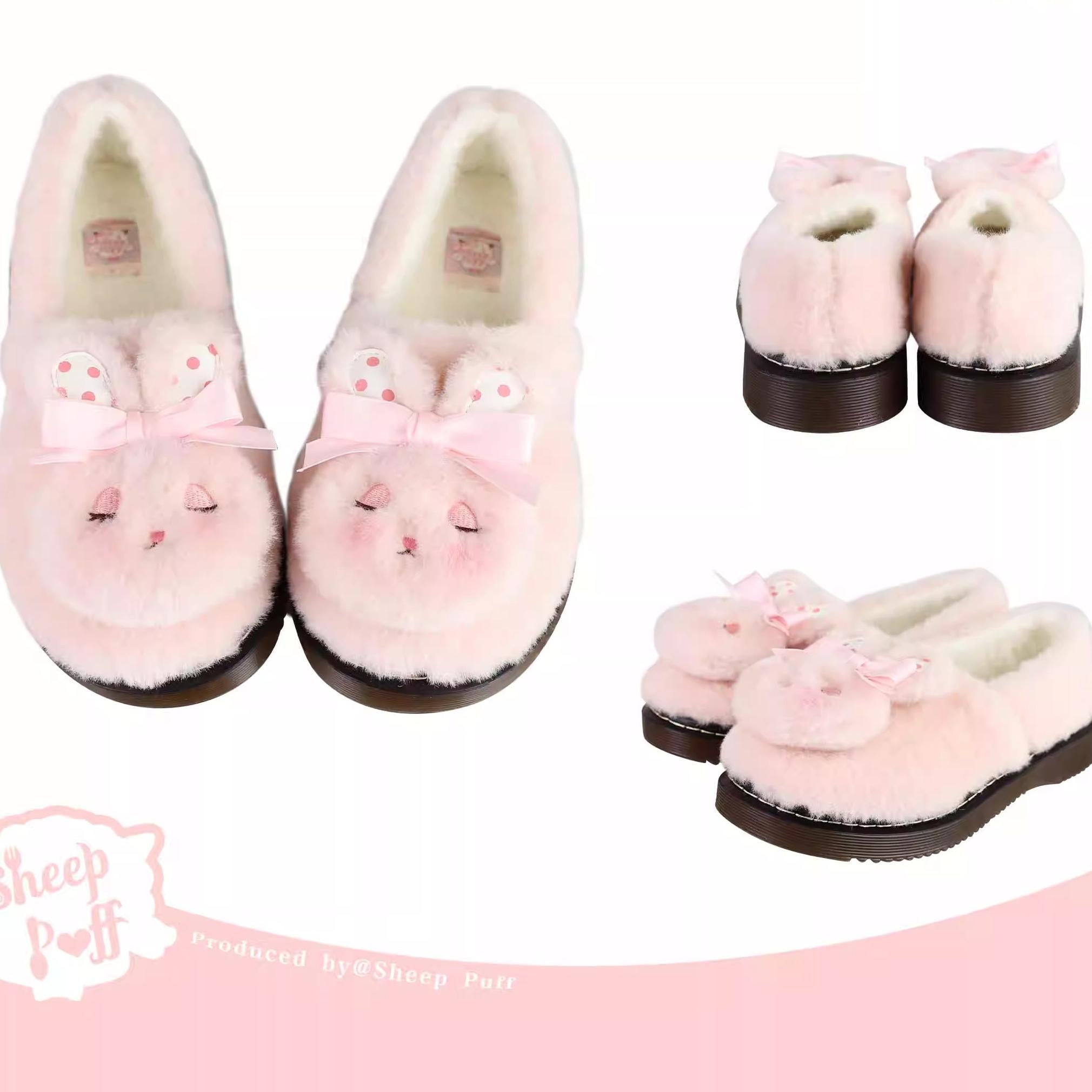 Sheep Puff - Rabbit Fur - Sweet Lolita Shoes Plush Rabbit Winter Lolita Shoes light pink 34