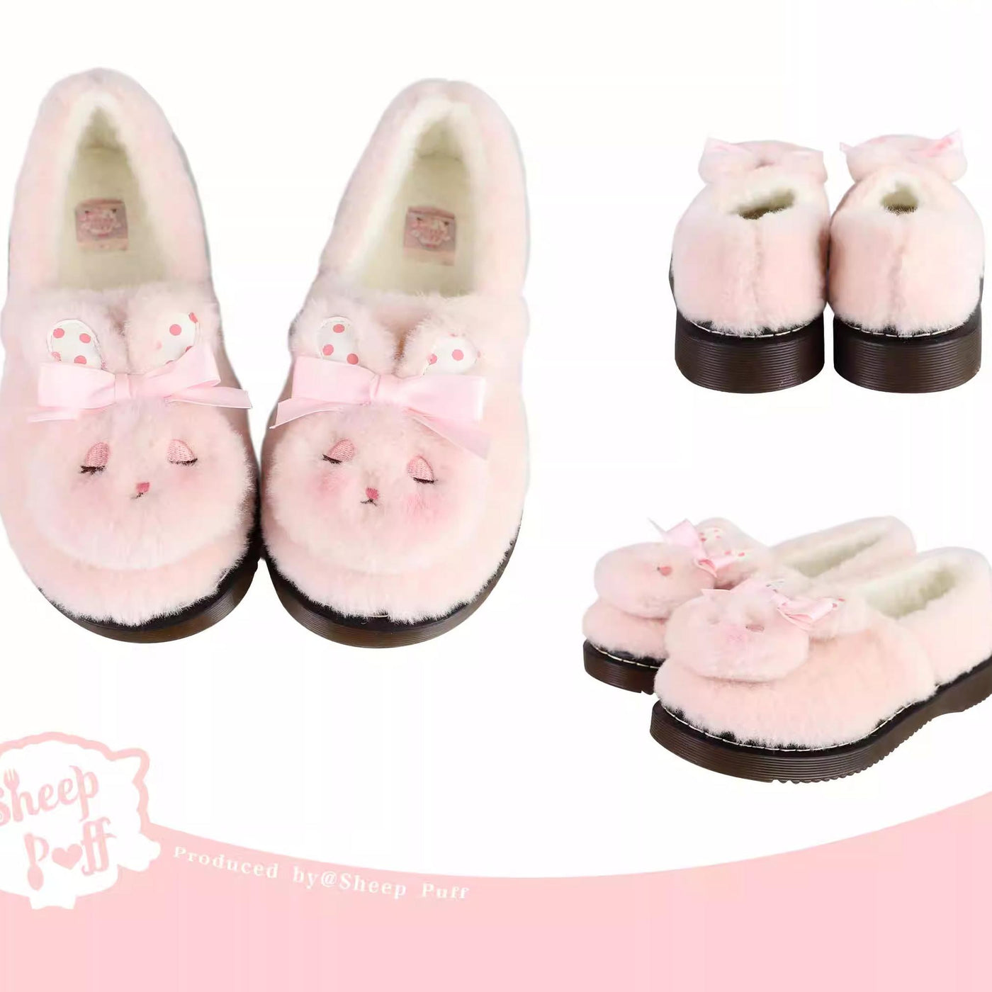 Sheep Puff~Rabbit Fur~Sweet Lolita Shoes Plush Rabbit Winter Lolita Shoes light pink 34 