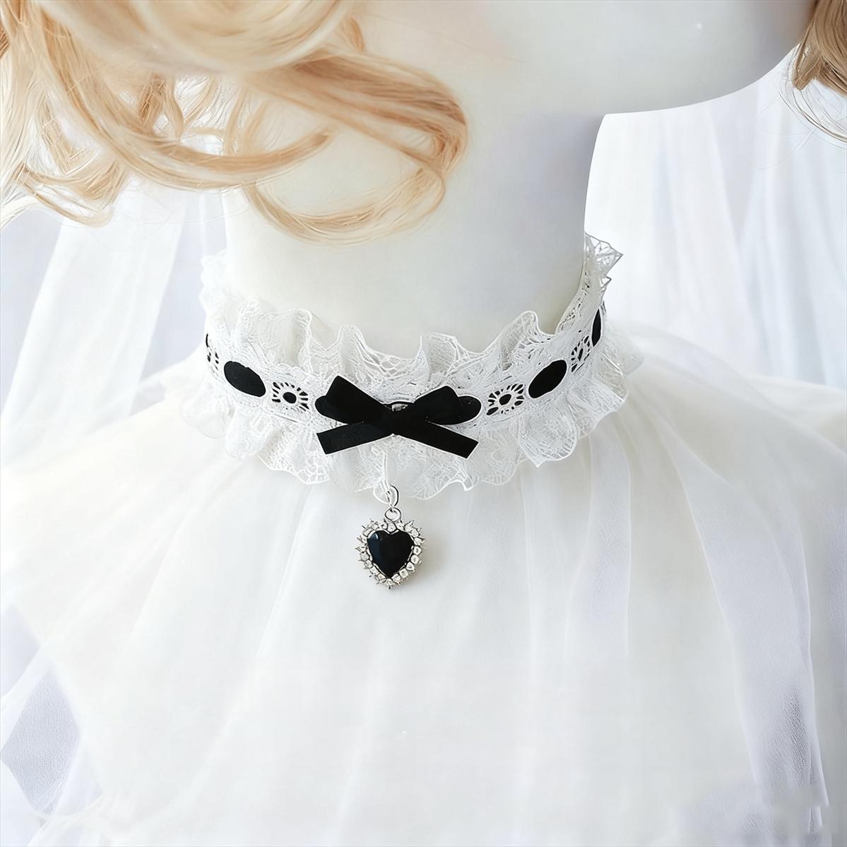Sweet Lolita Choker, Heart Rhinestone & Bows (黑色) 45011:831668
