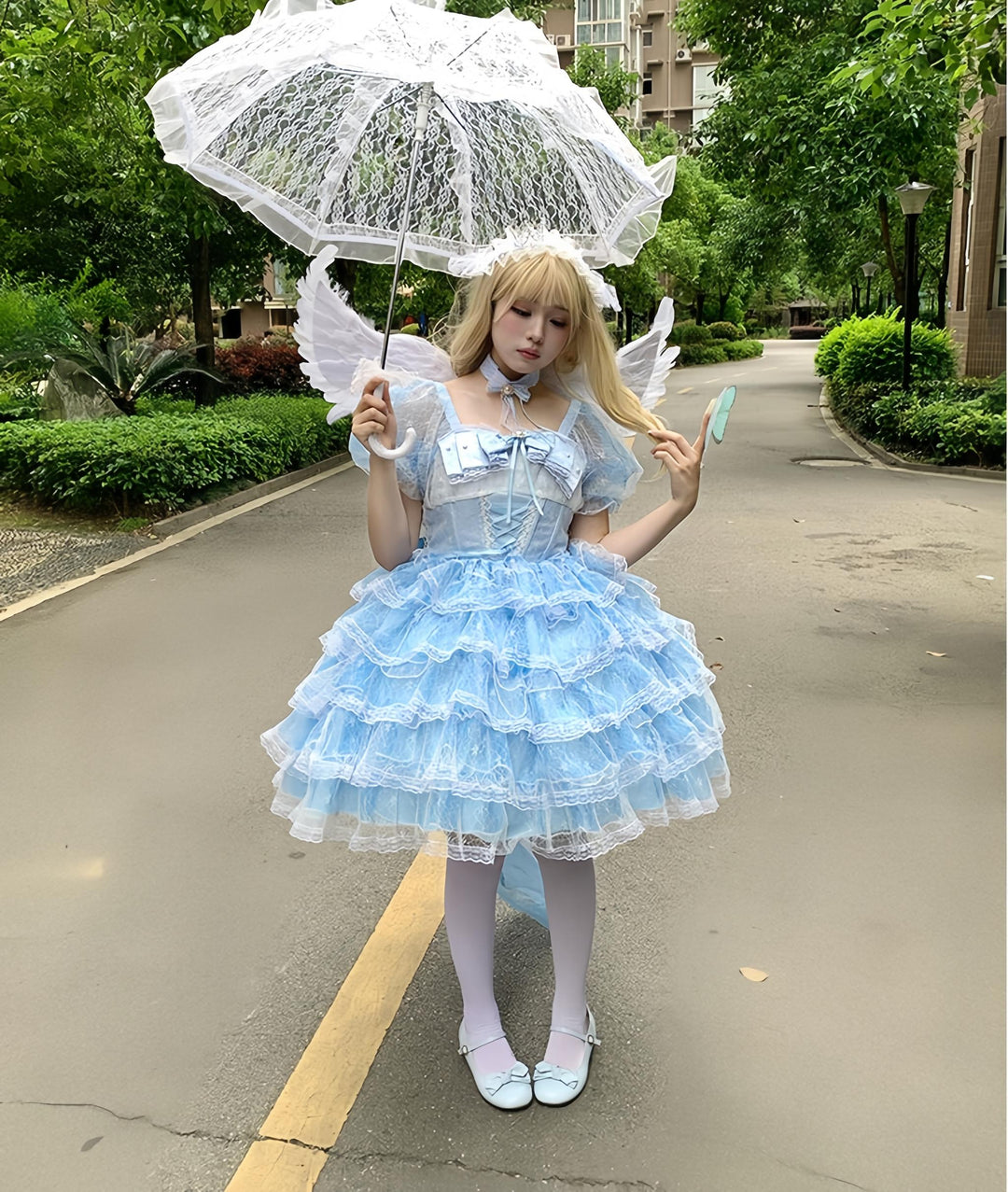 Daydream Whisper~Shisan District~Wedding Lolita OP Suit with Angel Demon Wings Blue short OP only S