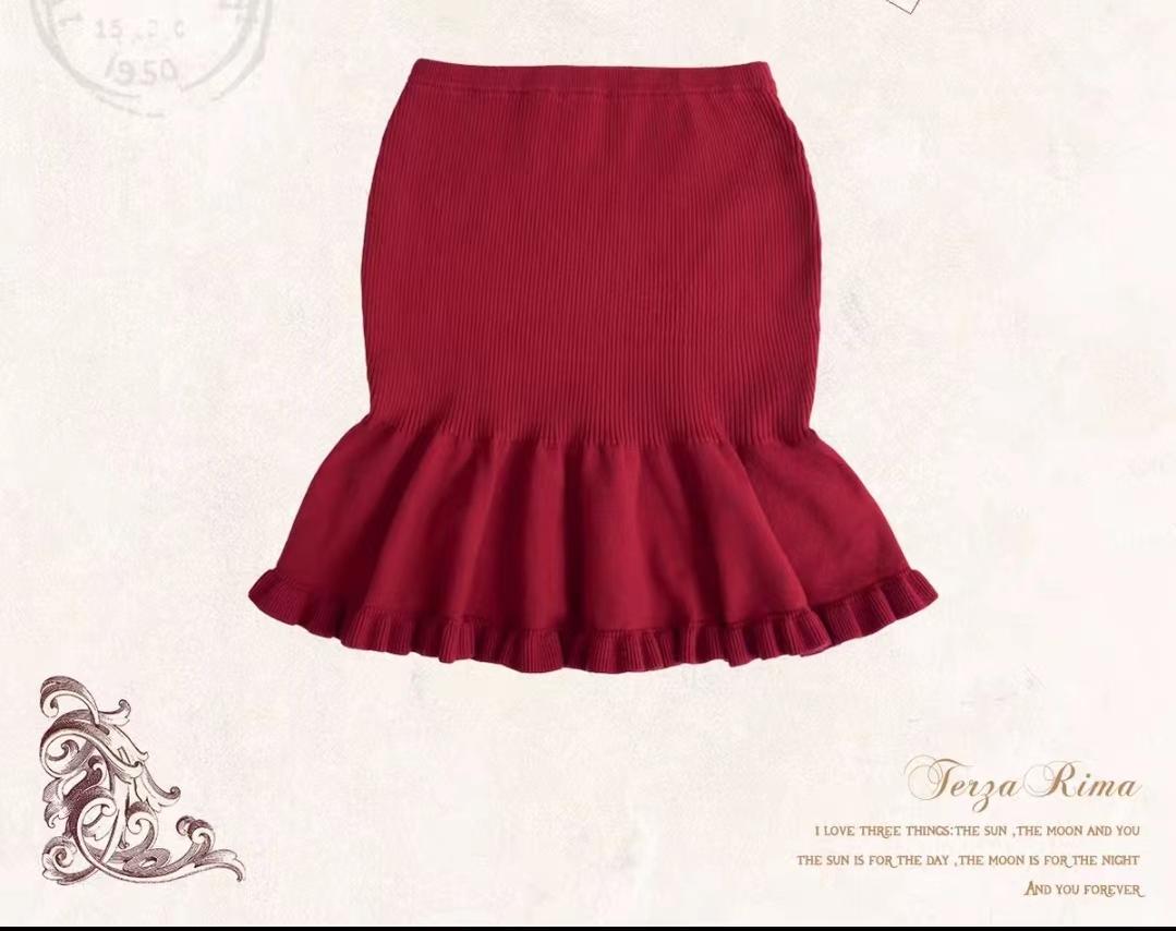 (BFM)WhitalAlley~Three Lines of Love Letters~Elegant Lolita Knitted Top and Skirt Set S red skirt 