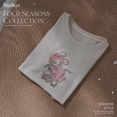 (BFM)NyaNya~Four Seasons Collection~Sweet Lolita T-shirt Summer Loose Fit Embroidered T-shirt S Gray - Rose Bunny 
