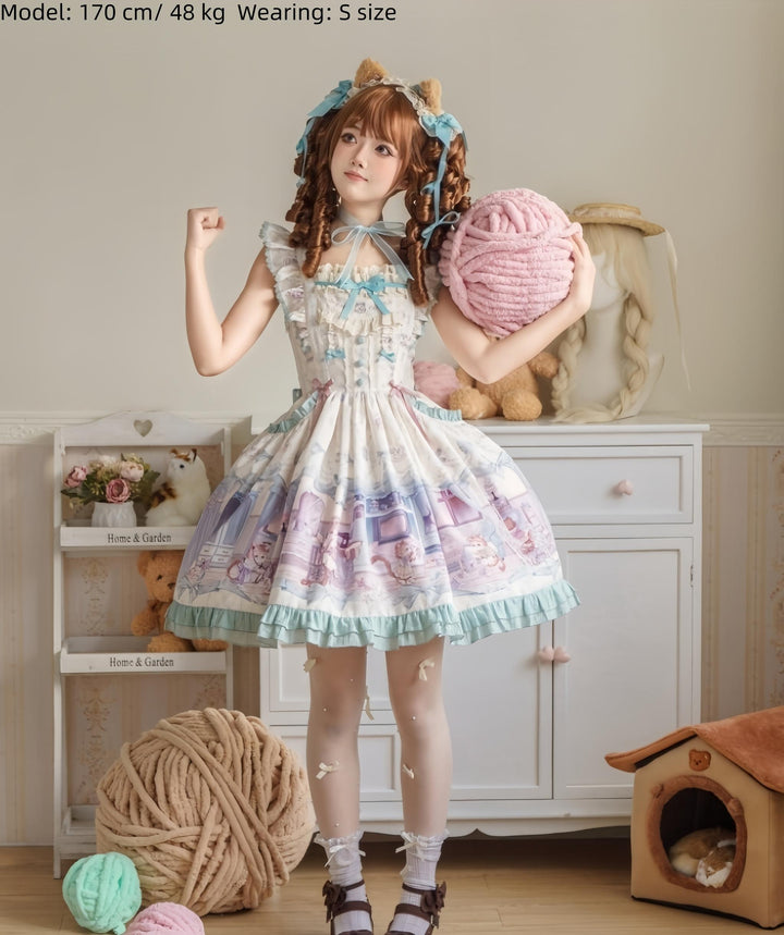 Baduoni~Dream Core Childhood~Kitty Printed Sweet Lolita JSK with Cute Headband