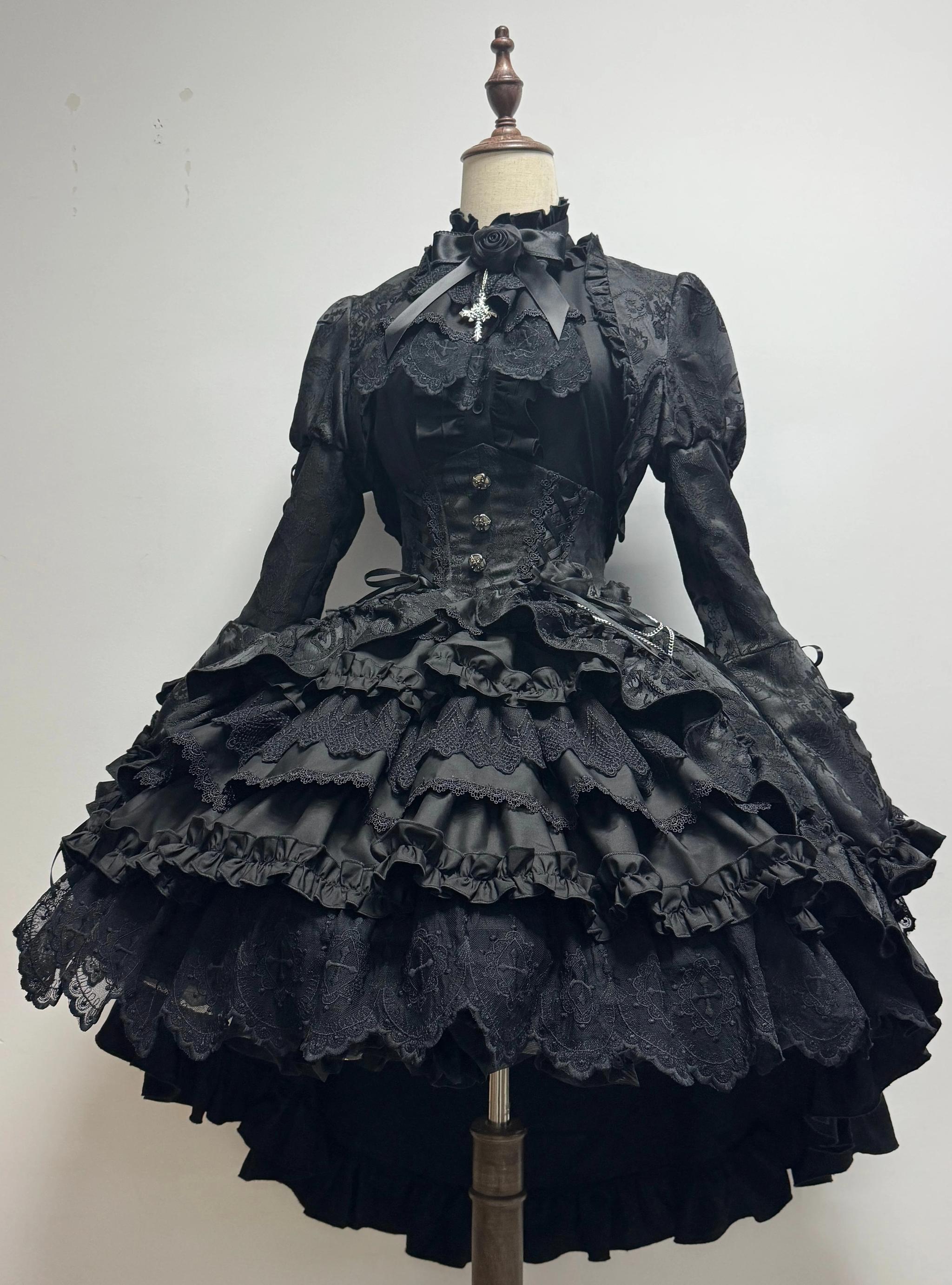Blood Moon Rose - Gothic Lolita Corset Dress Set, Tiered Hem & Ruffles Black Blouse Only S