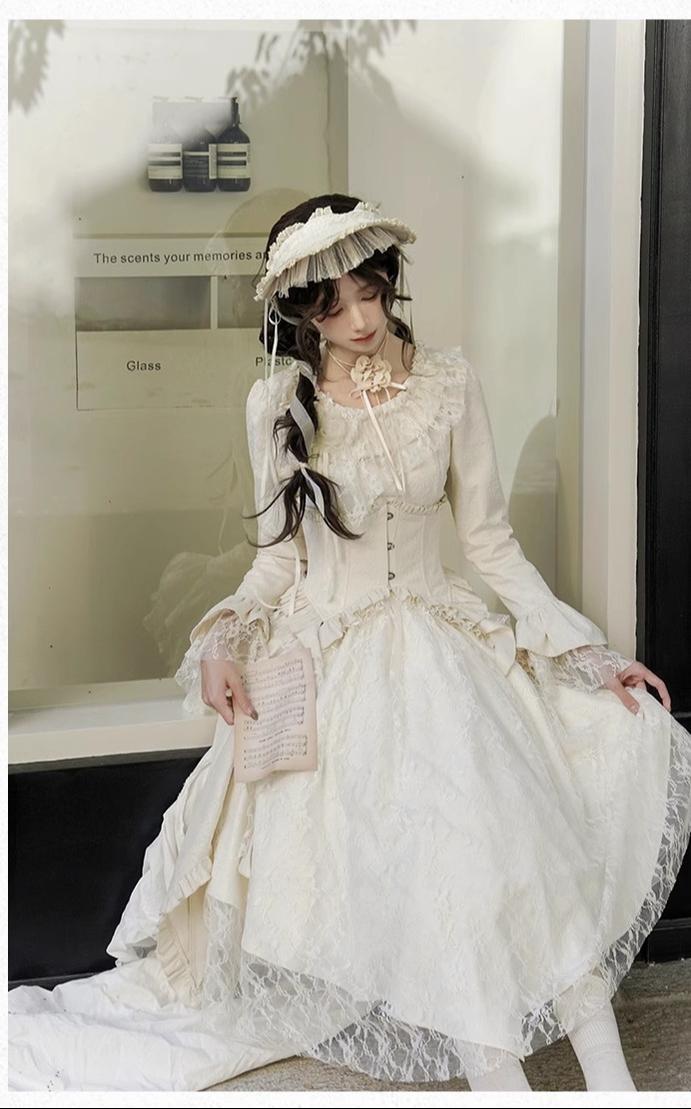 With PUJI~White Tea~Classic Lolita OP Dress with Irregular Design and Fishbone Waistband