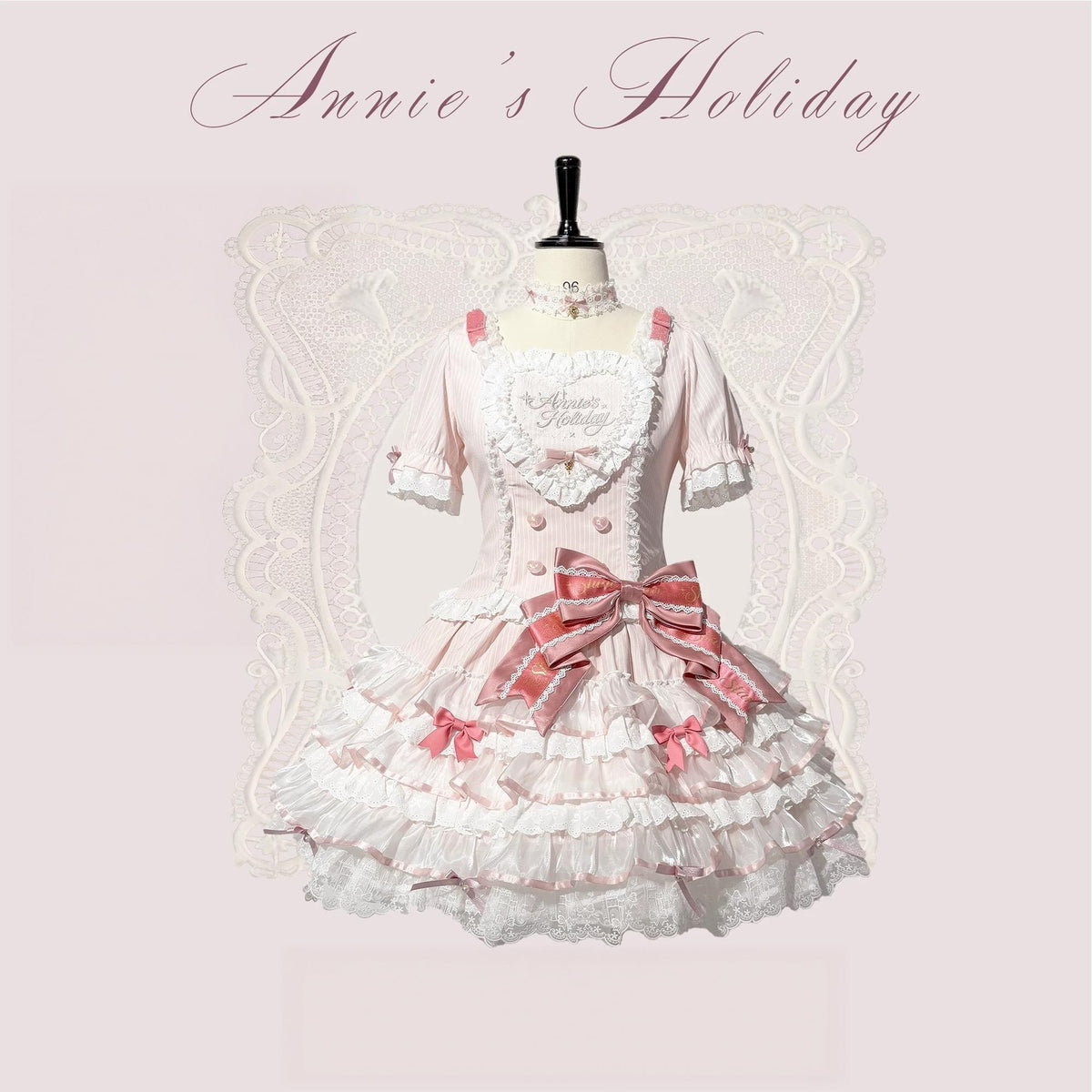 Sparkle Annie - Plus Size Sweet Lolita Top & SK Set, Cream Pink Pinstripe (2XL 3XL 4XL 5XL L M S XL) 45943:869258