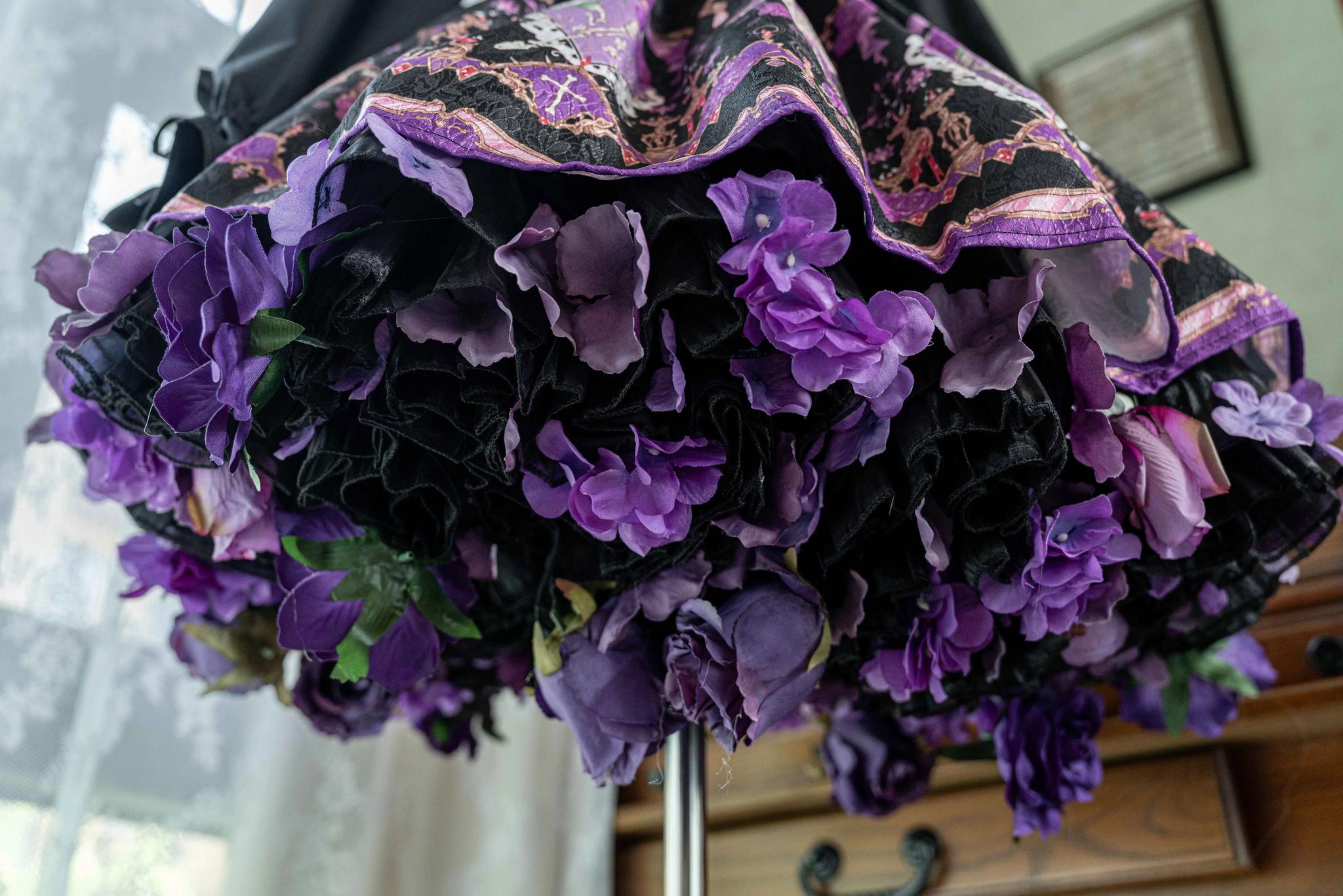 Sky Rabbit - Floral Lolita Petticoat with Detachable Trim Black X Dark Purple One Size Double-layer Petticoat - 35 cm (2 petticoats included)