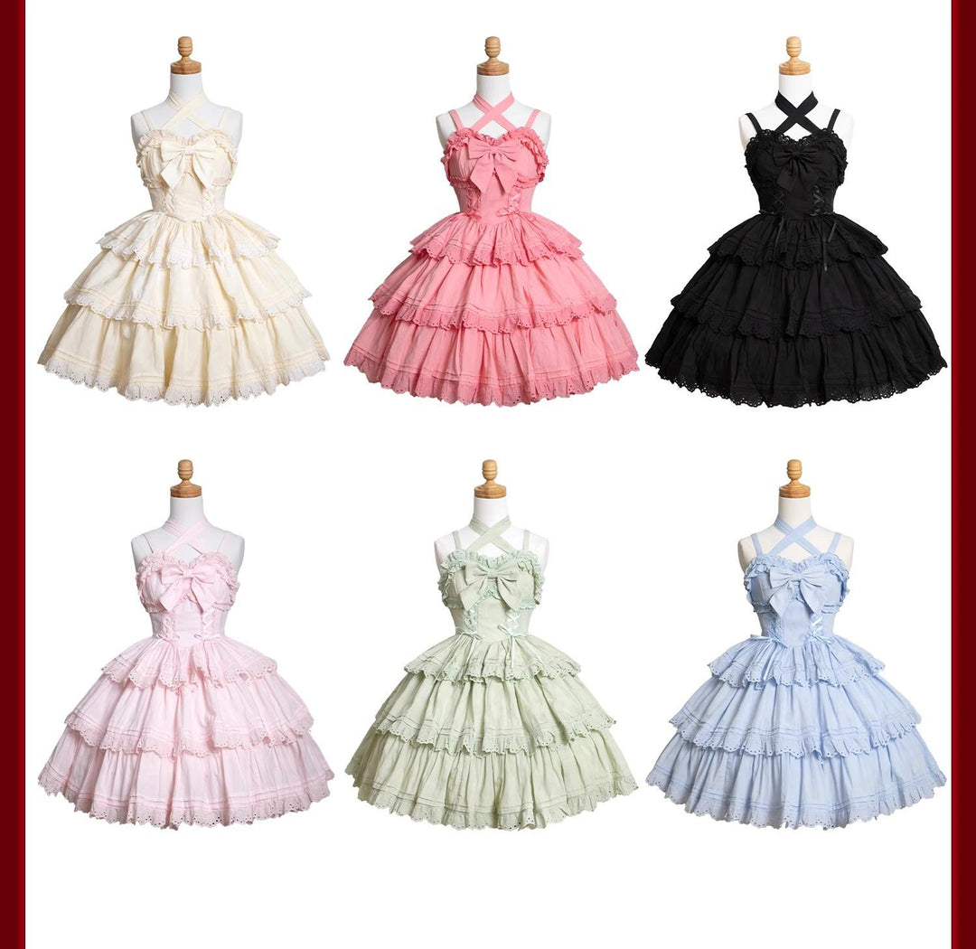 MEEKWIND~Miss Flora~Cotton Sweet Lolita Dress Set Doll-like OP and JSK Black S JSK (JSK+a chest bow+a large back bow)