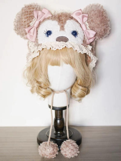 MAID~Winter Lolita Plush Hat Little Fox Earmuff Pink brown  