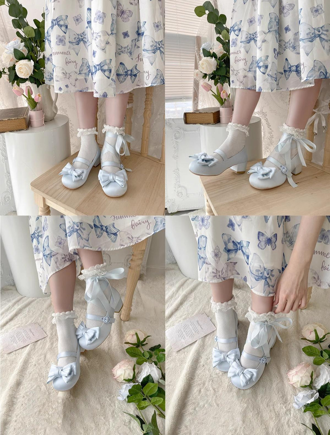 MODO~Sissi~Sweet Lolita Shoes Satin Low Chunky Heels with Bow