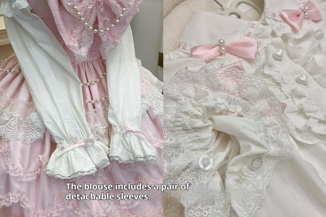 Mengfuzi~Showa Doll~Sweet Lolita Blouse Pearl Lace Shirt with Detachable Sleeves 39978:648714