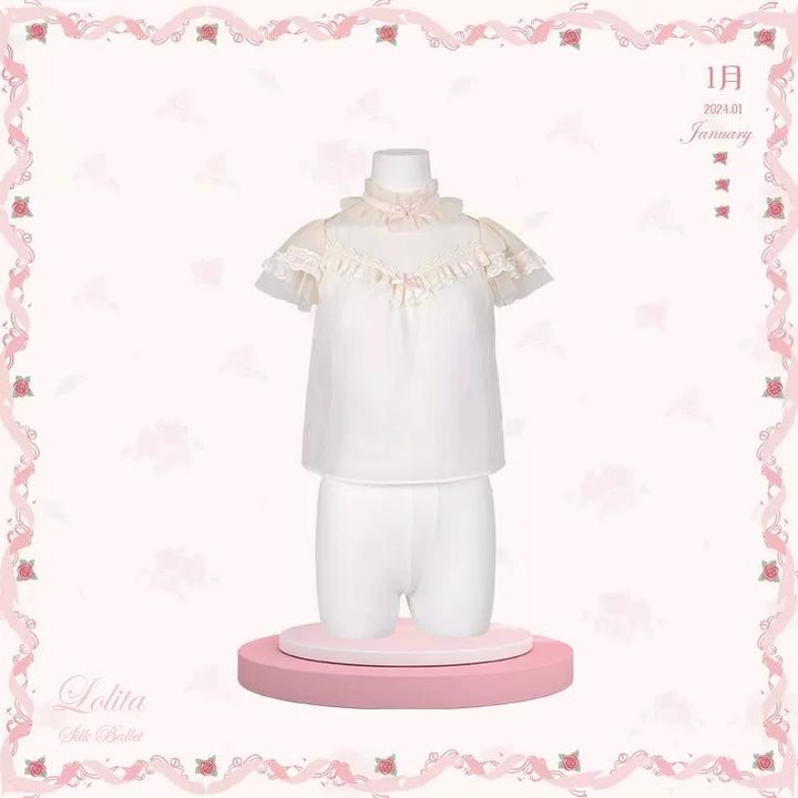 Mademoiselle Pearl~Silk Ballet~Summer Sweet Lolita Satin Ballet Mesh Shirt S Pink 