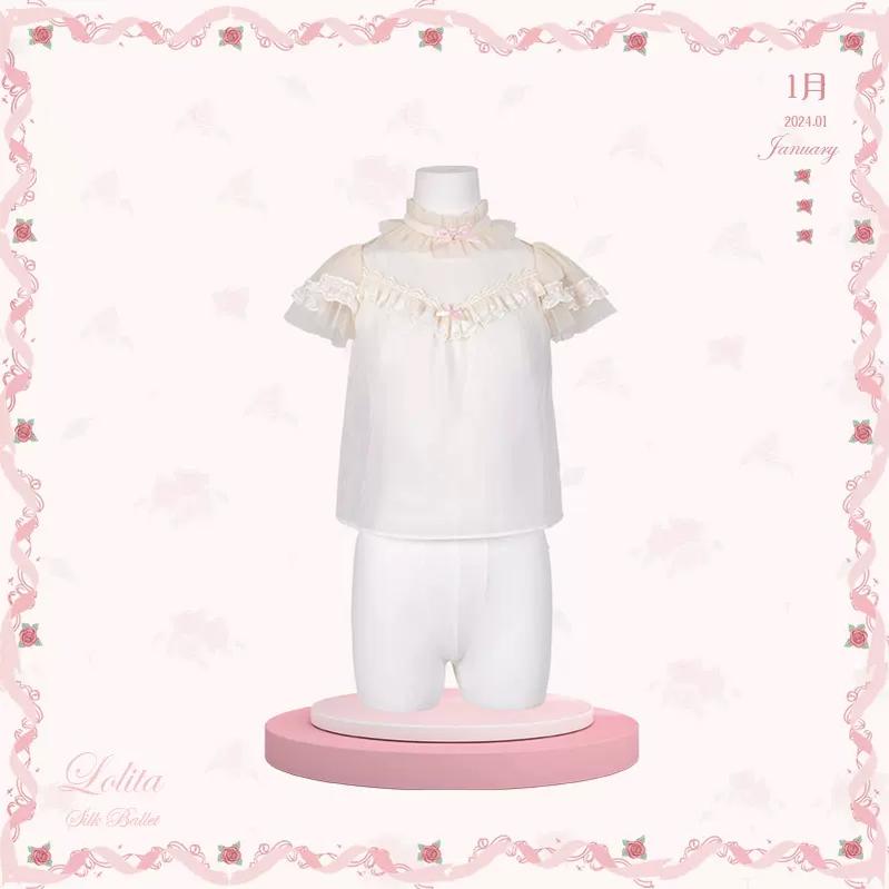 Flower And Pearl Box~Silk Ballet~Summer Sweet Lolita Satin Ballet Mesh Shirt S Pink 