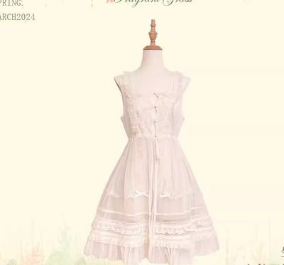 Flower and Pearl Box~Wild Flowers and Fragrant Grass~Country Lolita Blouse and Innerwear with Apron Dress Set XS dotted gauze open-front apron dress (ivory) 