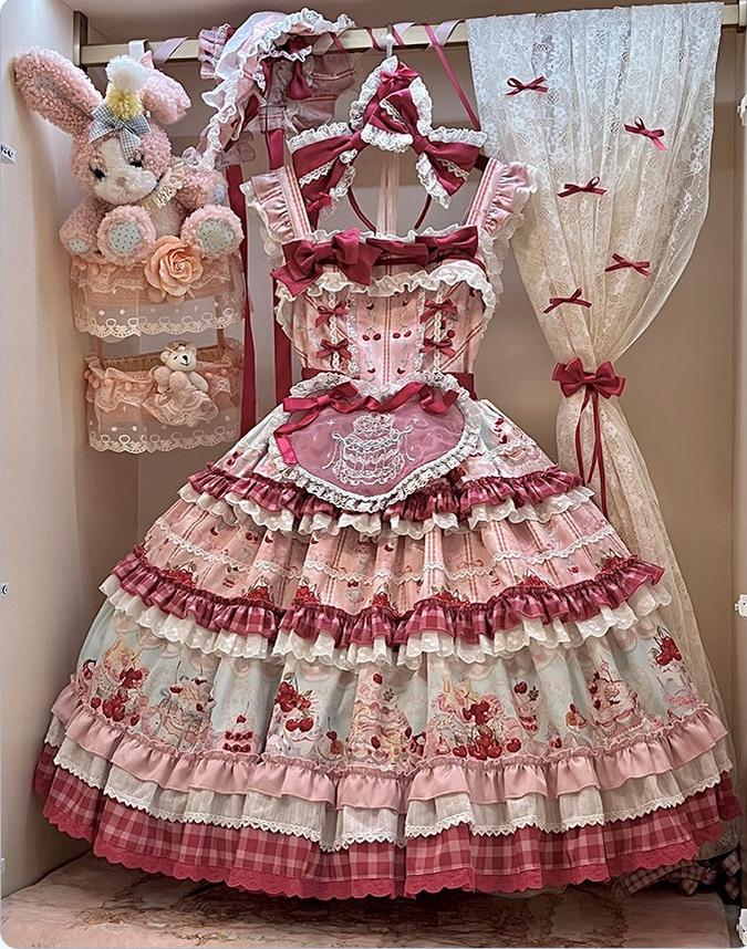 Cherry Cake - Printed Sweet Lolita JSK Dress, Embroidered Apron 44904:827176