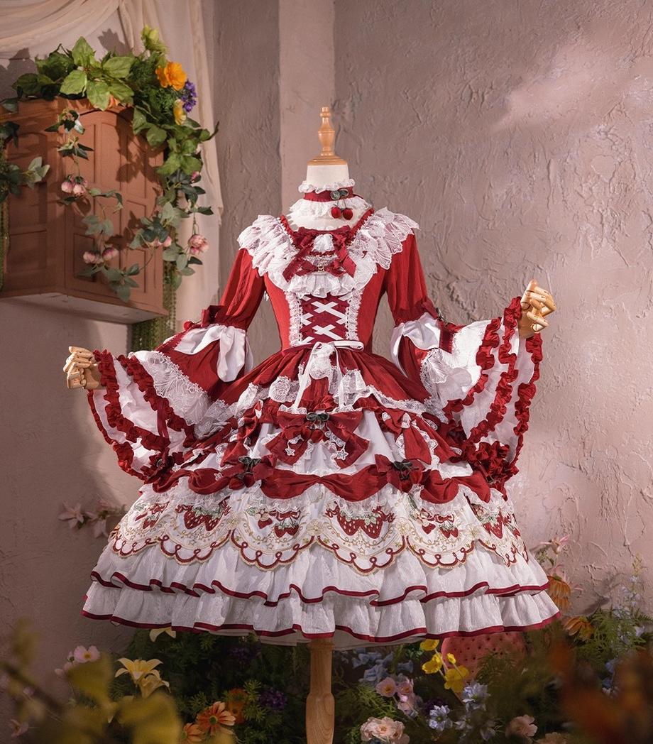 Bramble Rose - Starryberry Eden - Hime-sleeved Sweet Lolita Dress, Strawberry Embroidery (L M S) 44262:801253