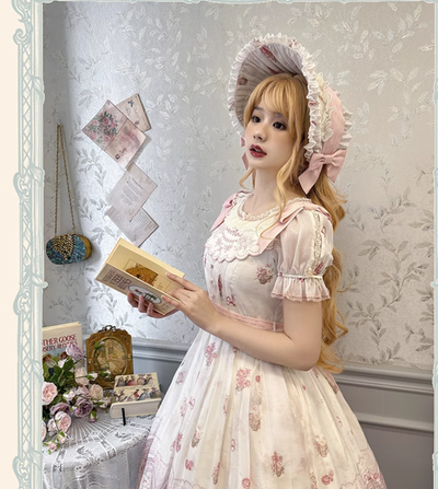 Alice girl~Night Rose~Elegant Lolita Bonnet Embroidered Side Clips bonnet (white-pink)  