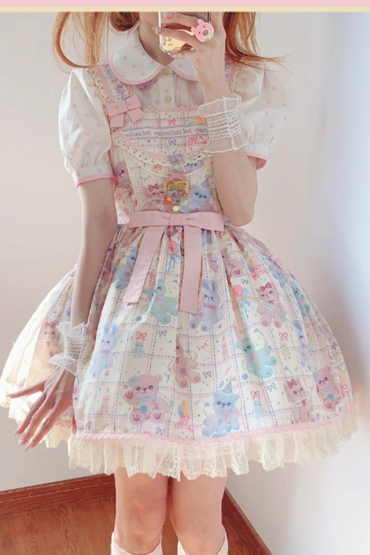 RichLolita~Starry Pudding Bear~Sweet Lolita Jumper Dress Printed OP Dress   