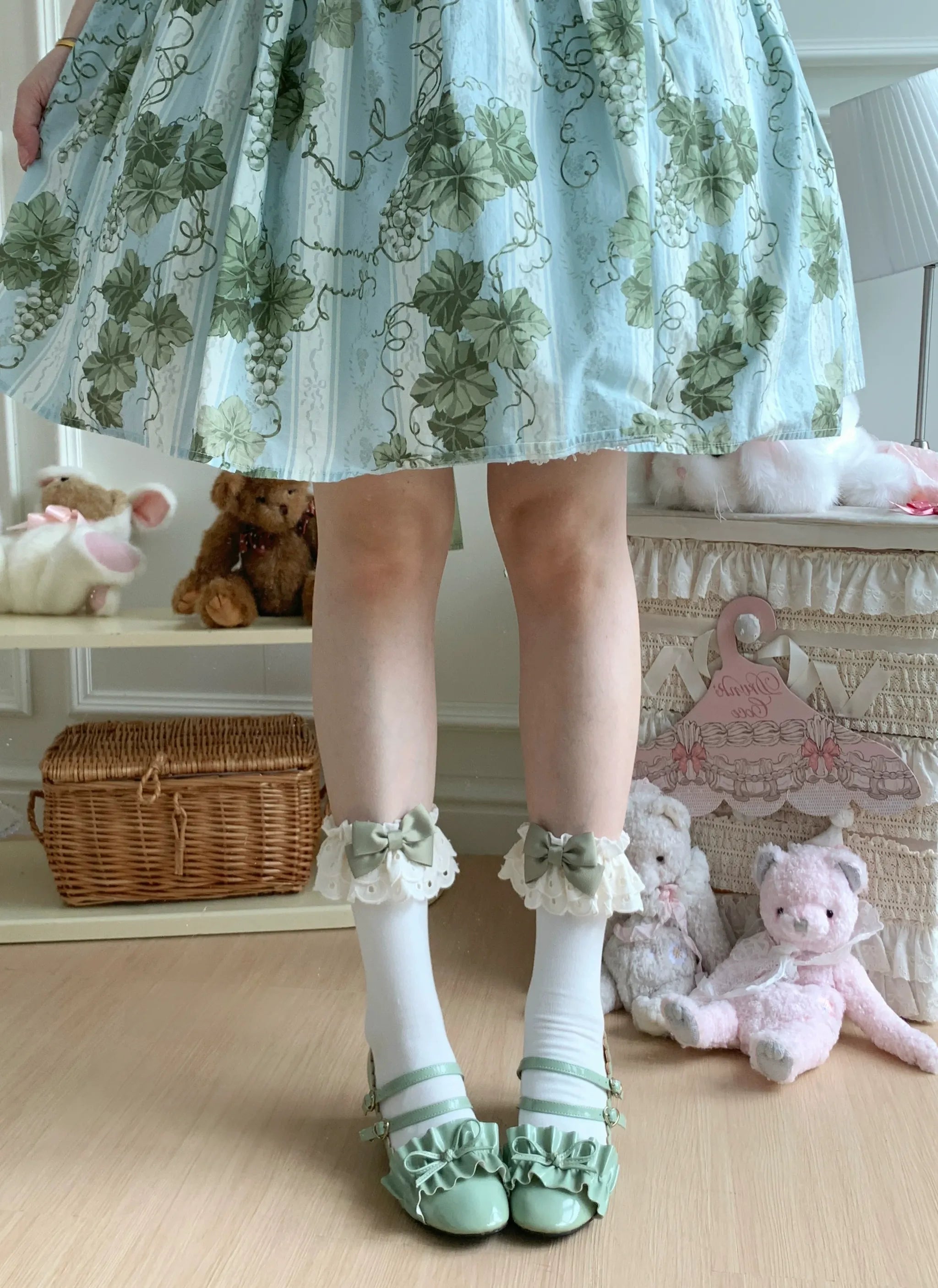 Cotton Classic Lolita Calf Socks, Double Layer Trim & Bow 45730:859942