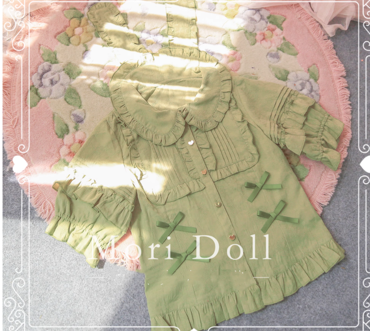 Mori Doll~Kawaii Lolita Rabbit Ears Short Sleeve Shirt Multicolors S light green 
