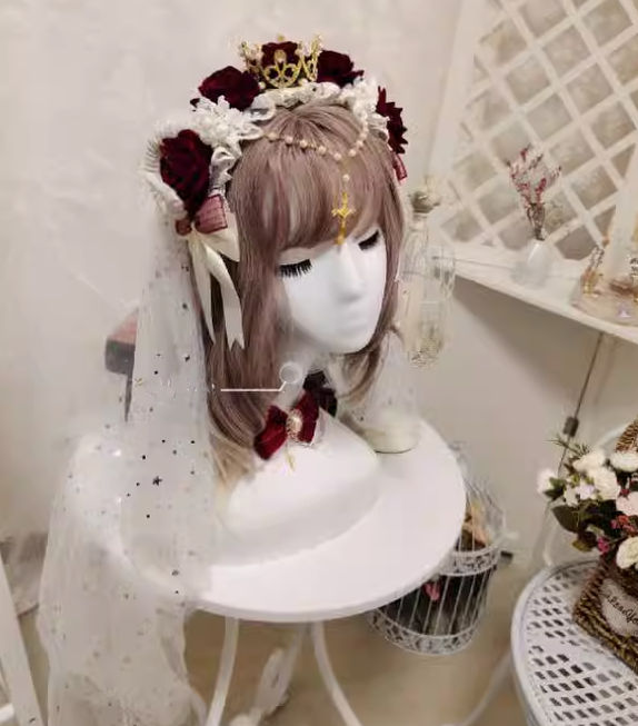 Yu Xixixi~Gothic Lolita Rose Crown KC with Veil Pendant Customized red-white (golden crown)  