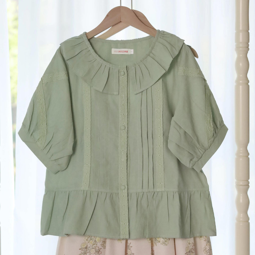 MIST~Spring Retro~Cotton Kawaii Lolita Shirt with Ruffled Neck and Lace Detail (L M S XL) 42777:753228