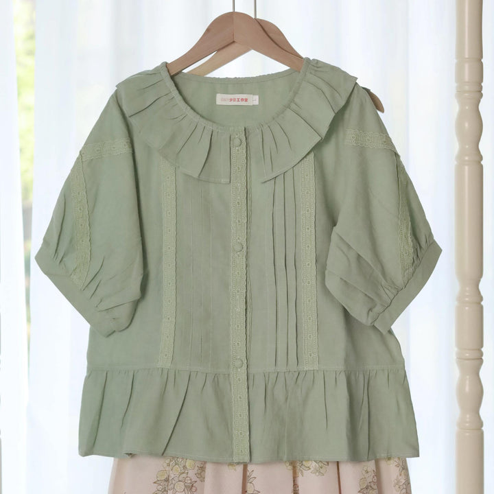 MIST~Spring Retro~Cotton Kawaii Lolita Shirt with Ruffled Neck and Lace Detail (L M S XL) 42777:753228
