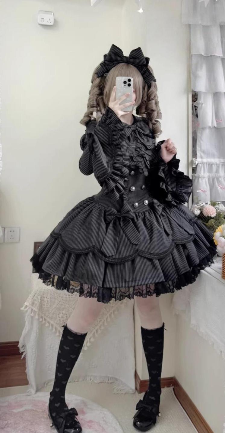Dream Fragments - Striped Gothic Lolita OP Dress, Detachable Jabot 44454:808970