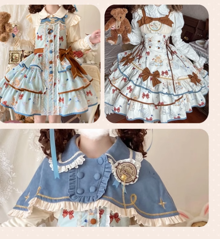 Cheese Mee Mee~Seaside Tea Party~Sweet Lolita Dress Cute Print JSK and Cape Brooch Only S