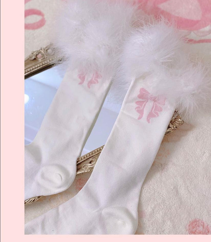 White Tea Dream~Cotton Lolita Calf Socks Knit Pink Bow Turkey Feather Socks   