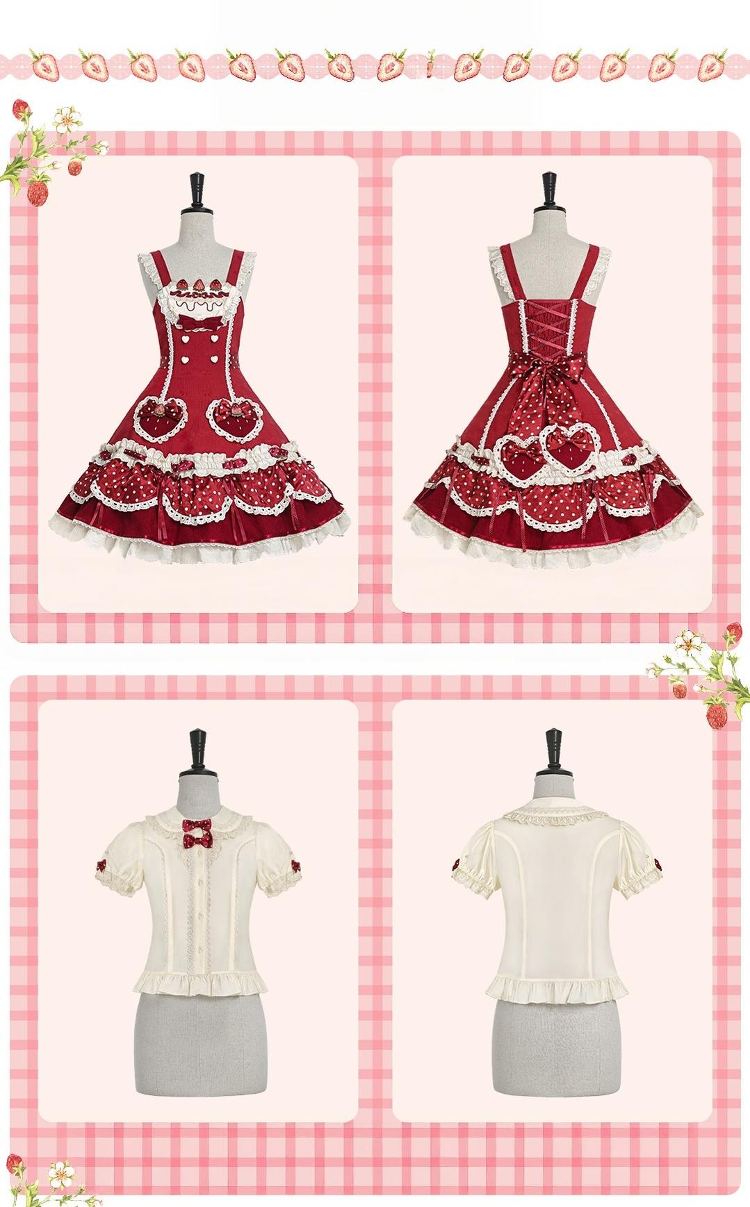 Cream Berry Party - Sweet Lolita JSK Dress, Strawberry Polka-Dot Print 45860:866840