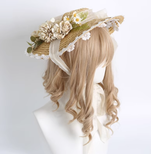 Xiaogui - Elegant Lolita Flower Bow Lace Sunhat ivory Cap diameter 32cm