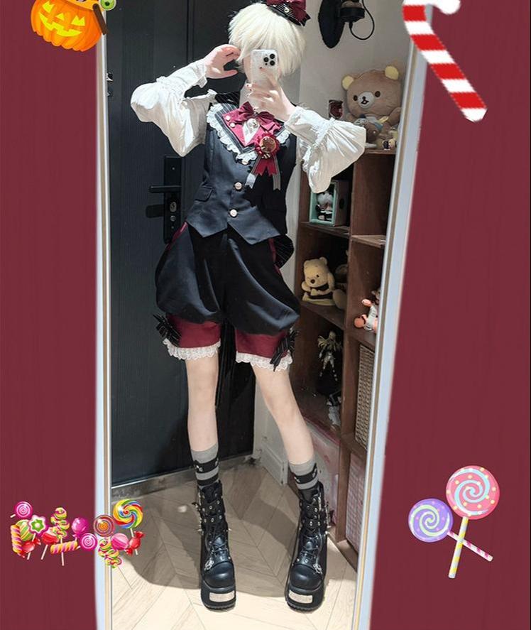 Candy Shop - Ouji Lolita Vest Set, Ruffle Hem Bow Shorts 45061:832830