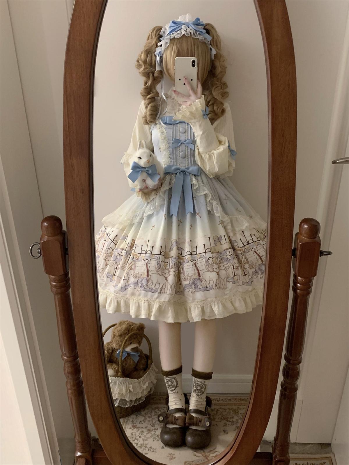 Uncle's Workshop - Angel Lamb - Kawaii Lolita Dress With Side Pockets, Lamb Print Blue JSK Only S