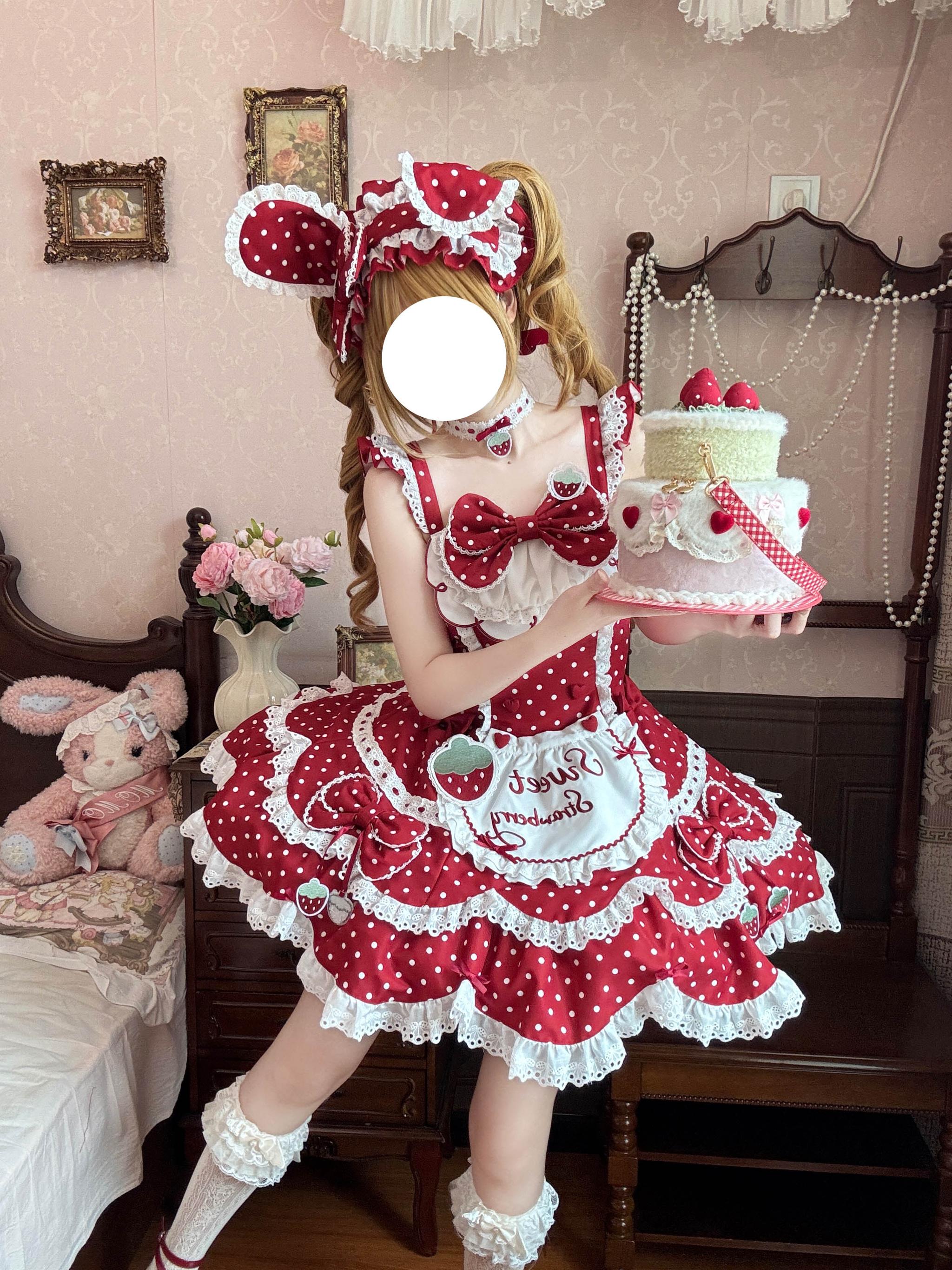 Salty Cream - Strawberry Polka Dot - Sweet Lolita OP Dress, Detachable Apron